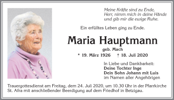 Traueranzeige von Maria Hauptmann von Allgäuer Zeitung,Kempten