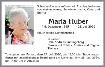 Traueranzeige von Maria Huber von Allgäuer Zeitung,Kempten