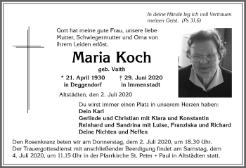 Traueranzeige von Maria Koch von Allgäuer Anzeigeblatt