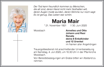 Traueranzeige von Maria Mair von Allgäuer Zeitung,Kempten