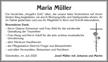 Traueranzeige von Maria Müller von Allgäuer Zeitung, Marktoberdorf