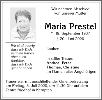 Traueranzeige von Maria Prestel von Allgäuer Zeitung,Kempten