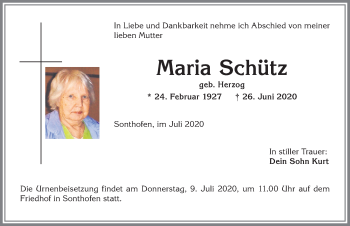 Traueranzeige von Maria Schütz von Allgäuer Anzeigeblatt