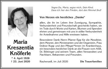 Traueranzeige von Maria Kreszentia Knöferle von Allgäuer Anzeigeblatt