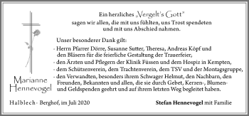 Traueranzeige von Marianne Hennevogel von Allgäuer Zeitung, Füssen