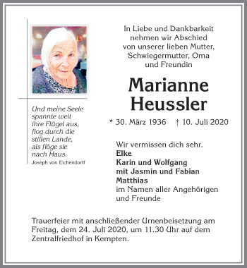 Traueranzeige von Marianne Heussler von Allgäuer Zeitung,Kempten