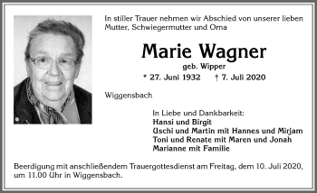 Traueranzeige von Marie Wagner von Allgäuer Zeitung,Kempten