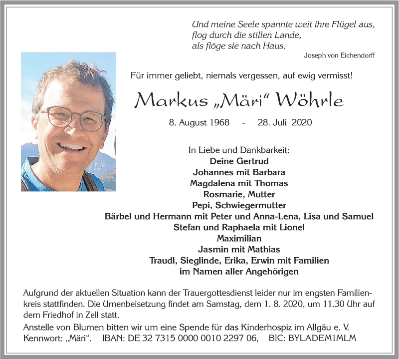  Traueranzeige für Markus Wöhrle vom 30.07.2020 aus Allgäuer Zeitung, Füssen
