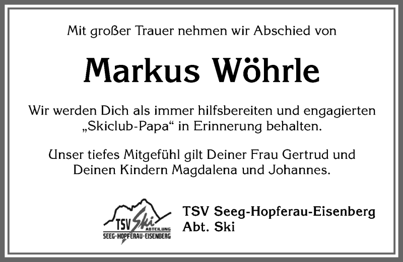  Traueranzeige für Markus Wöhrle vom 31.07.2020 aus Allgäuer Zeitung, Füssen