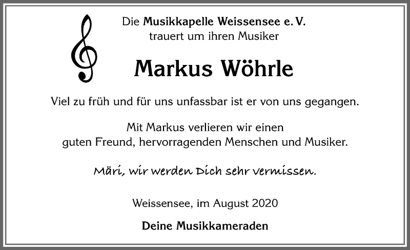  Traueranzeige für Markus Wöhrle vom 31.07.2020 aus Allgäuer Zeitung, Füssen