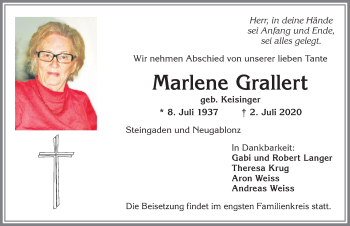 Traueranzeige von Marlene Grallert von Allgäuer Zeitung, Kaufbeuren/Buchloe