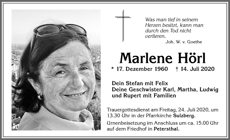  Traueranzeige für Marlene Hörl vom 18.07.2020 aus Allgäuer Zeitung,Kempten