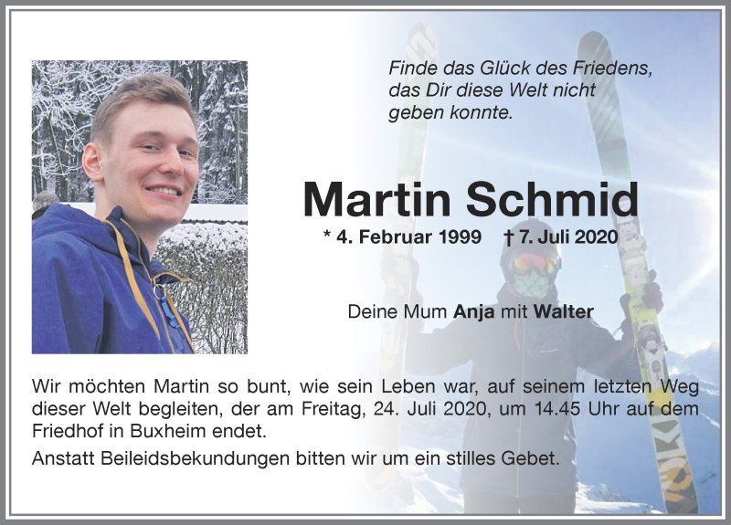  Traueranzeige für Martin Schmid vom 21.07.2020 aus Memminger Zeitung