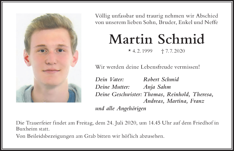  Traueranzeige für Martin Schmid vom 20.07.2020 aus Der Westallgäuer