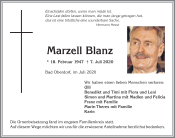 Traueranzeige von Marzell Blanz von Allgäuer Anzeigeblatt