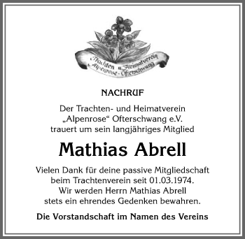 Traueranzeige von Mathias Abrell von Allgäuer Anzeigeblatt