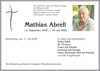 Traueranzeige von Mathias Abrell von Allgäuer Anzeigeblatt
