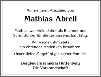 Traueranzeige von Mathias Abrell von Allgäuer Anzeigeblatt