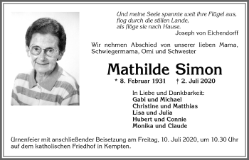 Traueranzeige von Mathilde Simon von Allgäuer Zeitung,Kempten