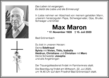Traueranzeige von Max Maron von Memminger Zeitung