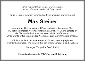 Traueranzeige von Max Steiner von Allgäuer Anzeigeblatt