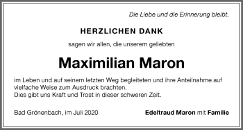 Traueranzeige von Maximilian Maron von Memminger Zeitung