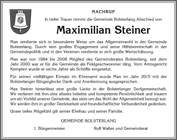 Traueranzeige von Maximilian Steiner von Allgäuer Anzeigeblatt