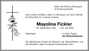 Traueranzeige von Mayolina Fickler von Memminger Zeitung