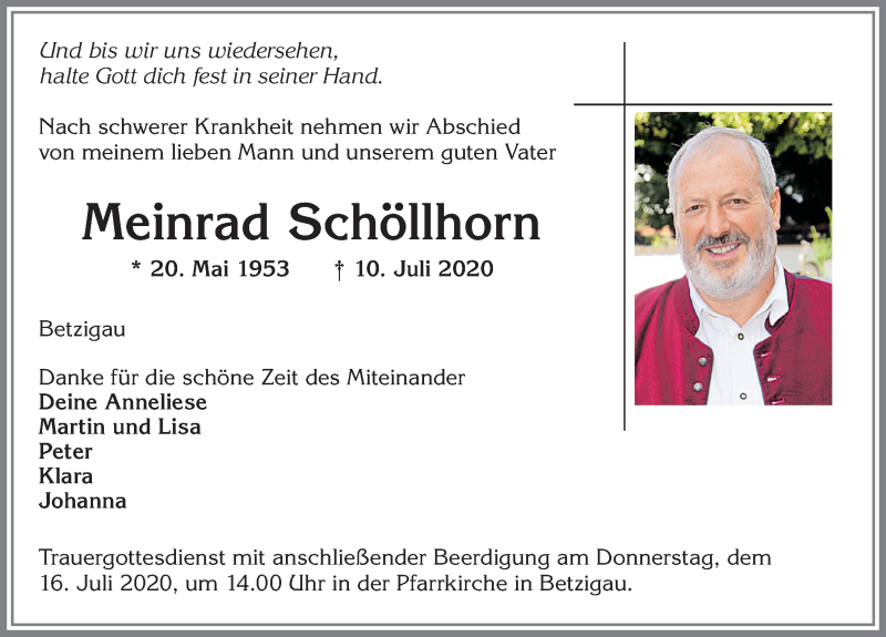  Traueranzeige für Meinrad Schöllhorn vom 14.07.2020 aus Allgäuer Zeitung,Kempten