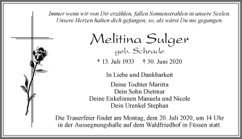 Traueranzeige von Melitina Sulger von Allgäuer Zeitung, Füssen
