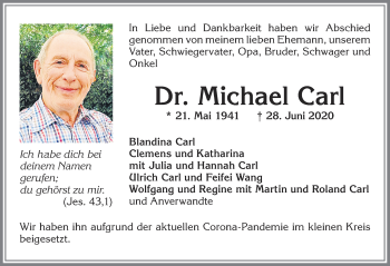Traueranzeige von Michael Carl von Allgäuer Zeitung,Kempten