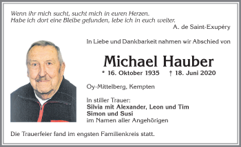 Traueranzeige von Michael Hauber von Allgäuer Zeitung,Kempten