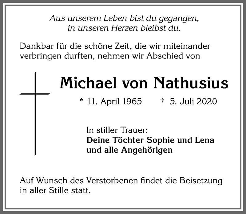  Traueranzeige für Michael von Nathusius vom 08.07.2020 aus Allgäuer Zeitung, Kaufbeuren/Buchloe