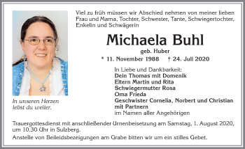 Traueranzeige von Michaela Buhl von Allgäuer Zeitung,Kempten