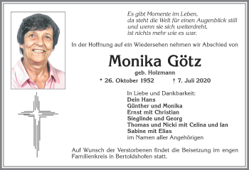 Traueranzeige von Monika Götz von Allgäuer Zeitung, Marktoberdorf