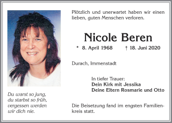 Traueranzeige von Nicole Beren von Allgäuer Zeitung,Kempten
