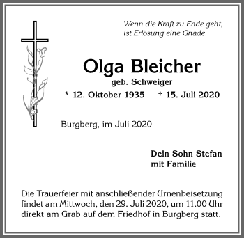 Traueranzeige von Olga Bleicher von Allgäuer Anzeigeblatt
