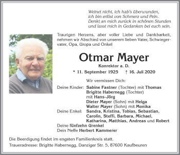 Traueranzeige von Otmar Mayer von Allgäuer Zeitung, Kaufbeuren/Buchloe