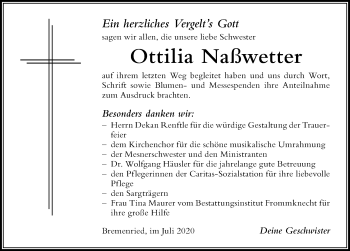 Traueranzeige von Ottilia Naßwetter von Der Westallgäuer