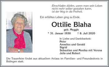 Traueranzeige von Ottilie Blaha von Allgäuer Zeitung, Marktoberdorf