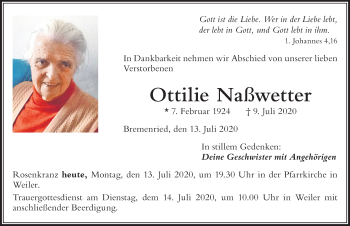 Traueranzeige von Ottilie Naßwetter von Der Westallgäuer
