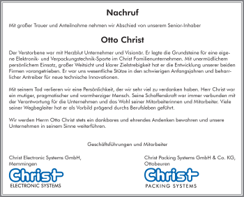 Traueranzeige von Otto Christ von Memminger Zeitung