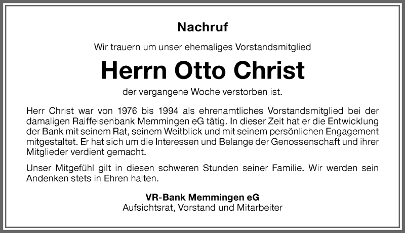  Traueranzeige für Otto Christ vom 08.07.2020 aus Memminger Zeitung