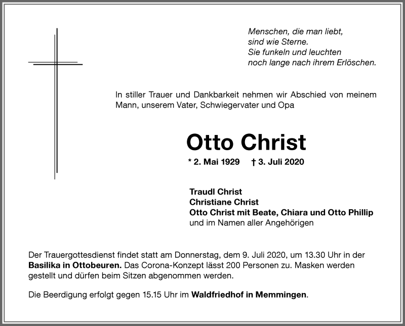  Traueranzeige für Otto Christ vom 07.07.2020 aus Memminger Zeitung
