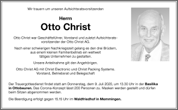 Traueranzeige von Otto Christ von Memminger Zeitung