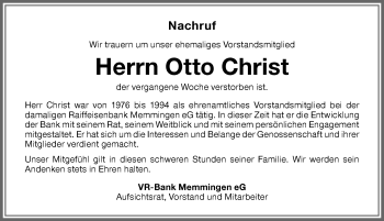 Traueranzeige von Otto Christ von Memminger Zeitung