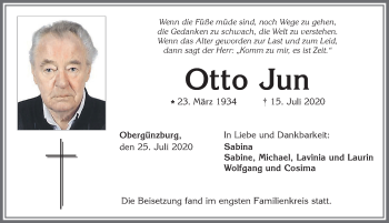 Traueranzeige von Otto Jun von Allgäuer Zeitung, Marktoberdorf