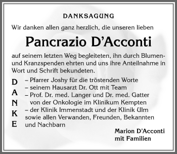 Traueranzeige von Pancrazio D’Acconti von Allgäuer Anzeigeblatt