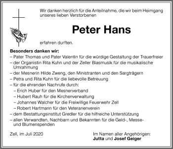 Traueranzeige von Peter Hans von Memminger Zeitung