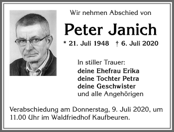 Traueranzeige von Peter Janich von Allgäuer Zeitung, Kaufbeuren/Buchloe
